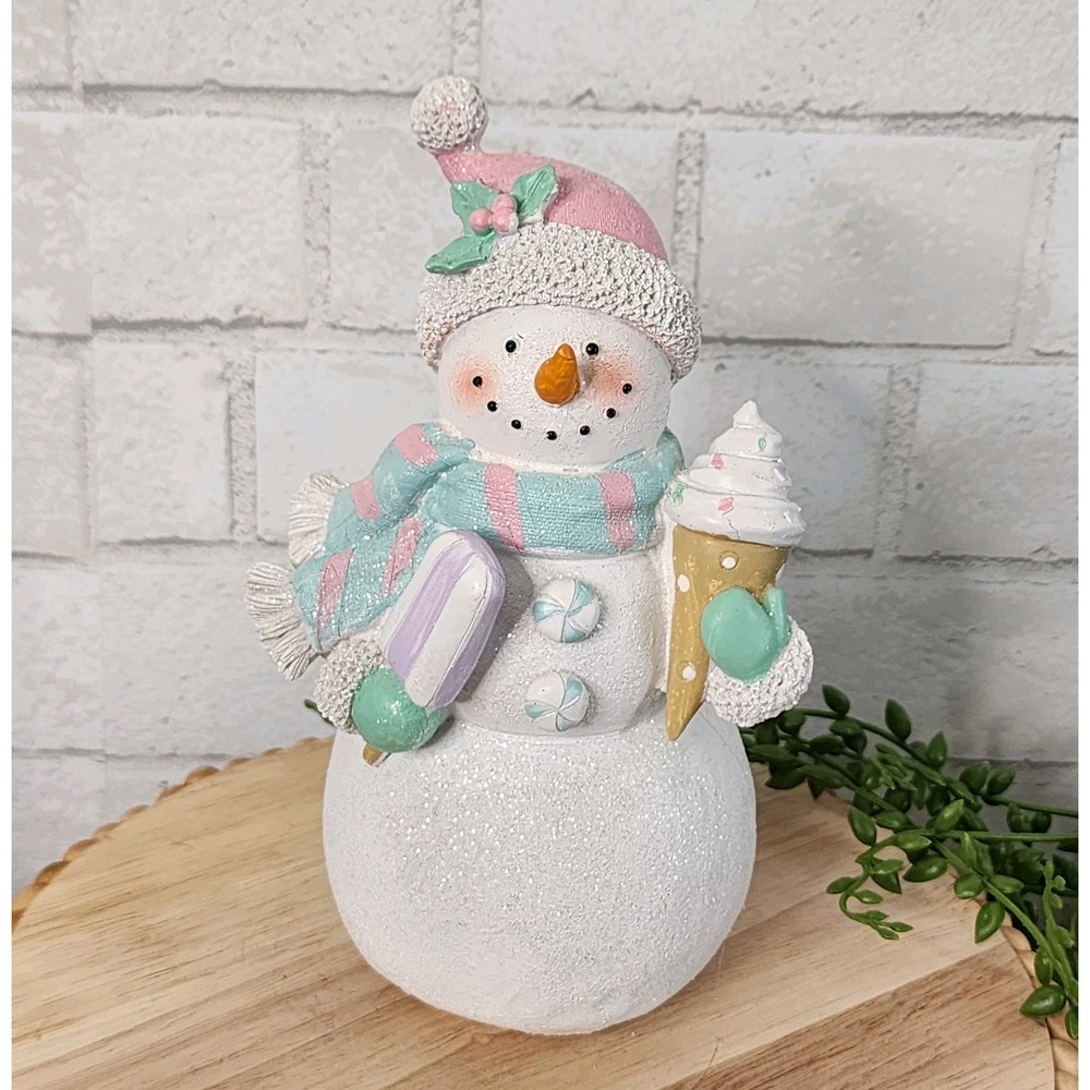 Snowman Sweet Candy Ice Cream Christmas Village Figure Pastel Pink Blue Resin 8"